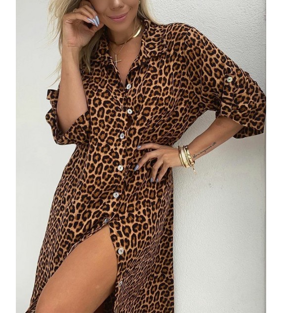 Allover Leopard Print Button Front Shirt Dress