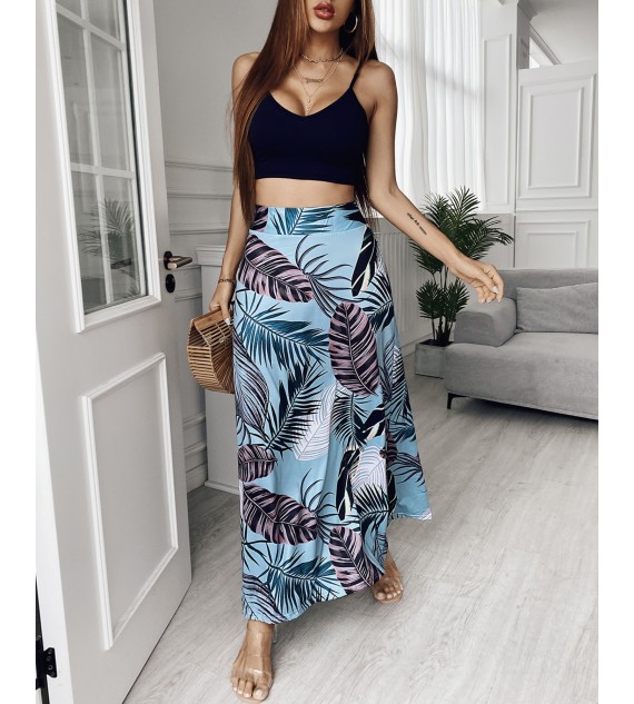 Sleeveless Spaghetti Strap Cami Crop Top & Tropical Print Maxi Skirt Sets Casual Beach Wear Two Piece Suits