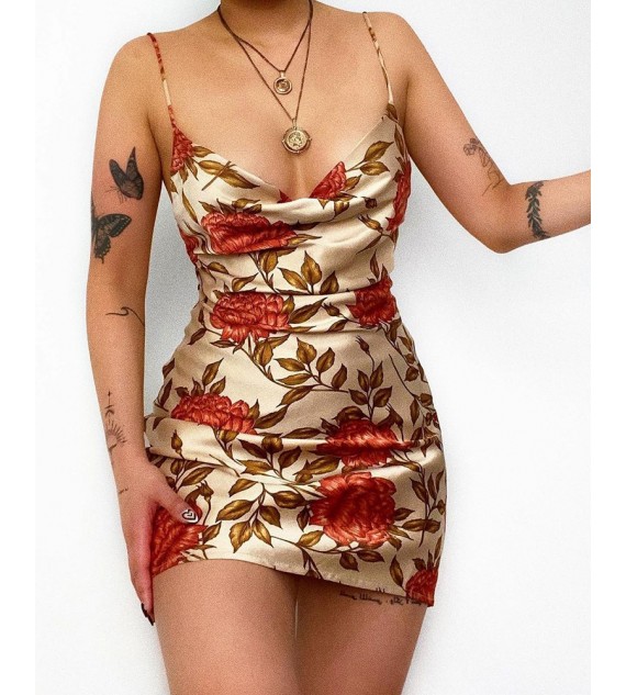 Cowl Neck Floral Leaf Print Satin Dress