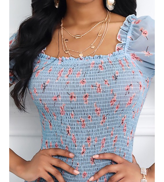 Floral Print Ruffle Trim Mini Women Dress