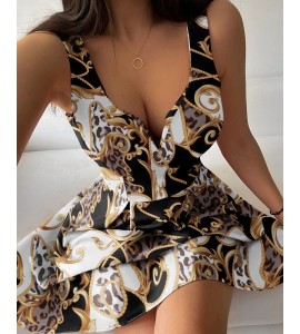 Sleeveless V-Cut Baroque Cheetah Print Dress