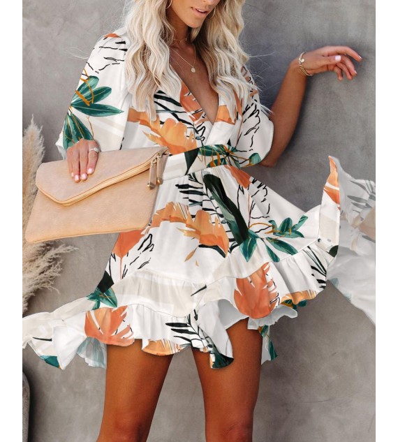 Floral Print V-Neck Ruffle Hem Dress
