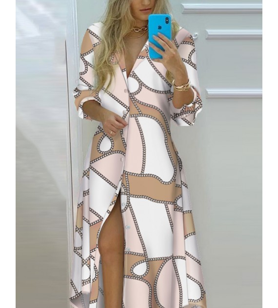 Chain Print Button Front High Slit Shirt Dress