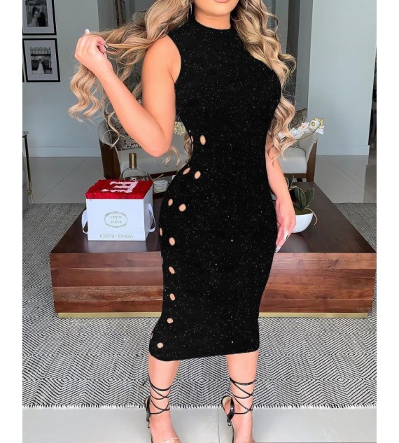 Rib-knit Hollow-out Straight Bodycon Dress