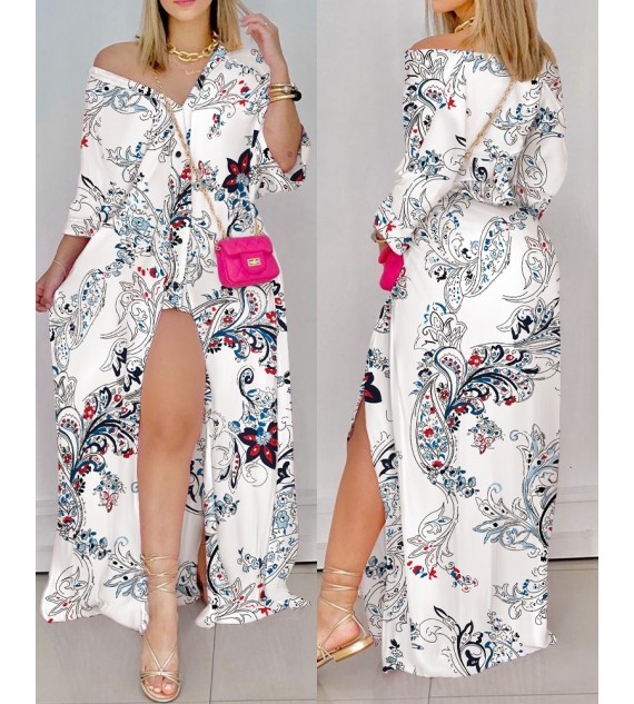Floral Print Button Up High Slit Shirt Dress 3/4 Sleeve Maxi Dress