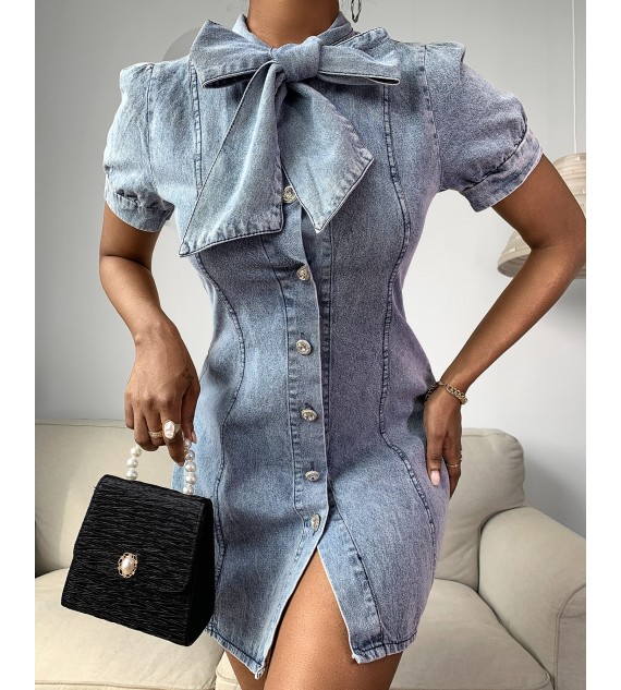 Kd Design Buttoned Short Sleeve Denim Dress