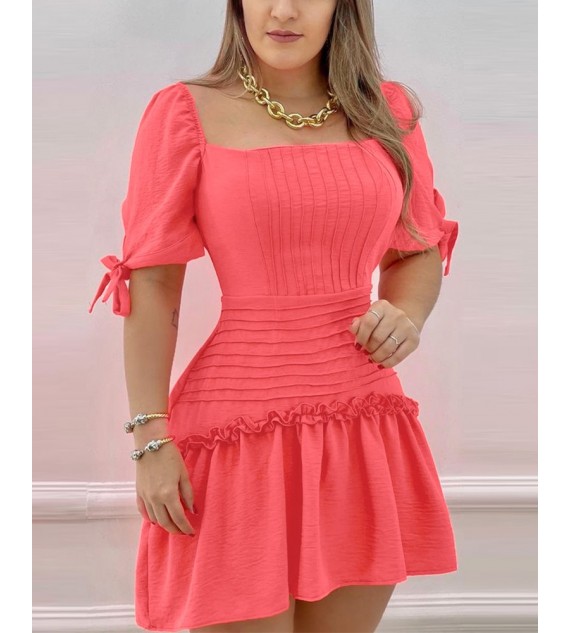 Solid Color Square Neck Ruffle Hem Dress
