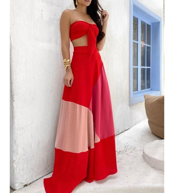 Plain Kd Bandeau Top & Color Maxi Skirt Set