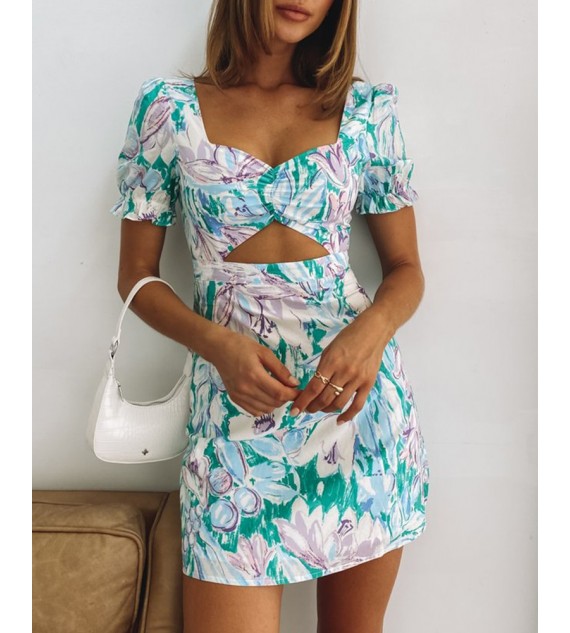 Floral Print Short Sleeve Cut-out ny Women Dress