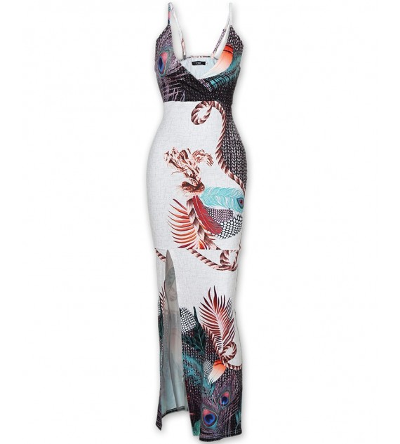 Peacock Feather Print Cutout Back Thigh Slit Maxi Dress