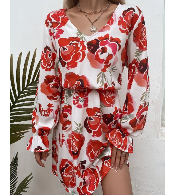 Floral Print Puff Lantern Sleeve V Neck Dress