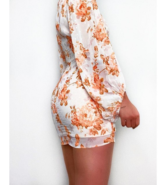 Floral Print Deep V-Neck Lantern Sleeve Bodycon Dress