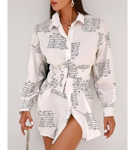 Turn-down Collar Letter Print Buttoned Shirt Dress