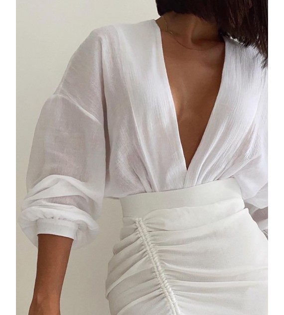 Plunge Long Sleeve Top & Drawstring Slit Skirt Set