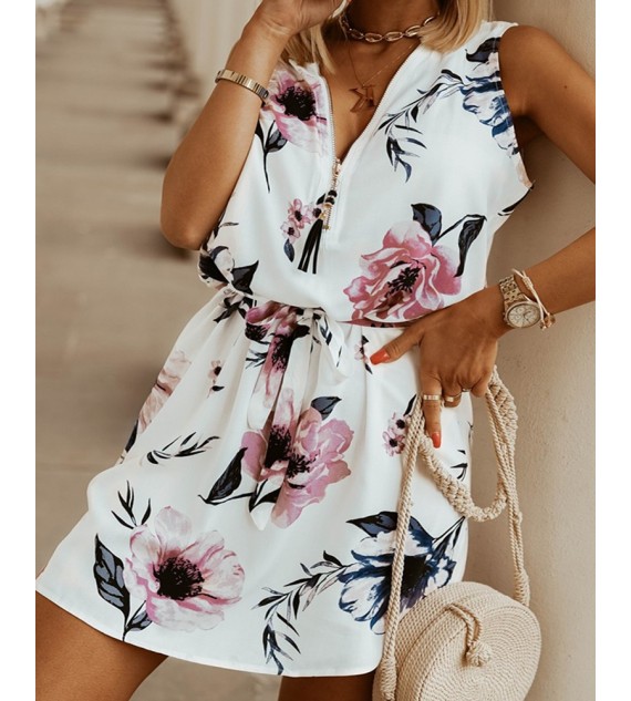 Floral Print Sleeveless Zipper Design Dress Casual Mini Dress With Belt