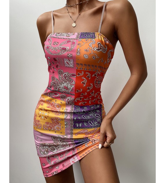 Paisley Print Spaghetti Strap Square Neck Bodycon Dress