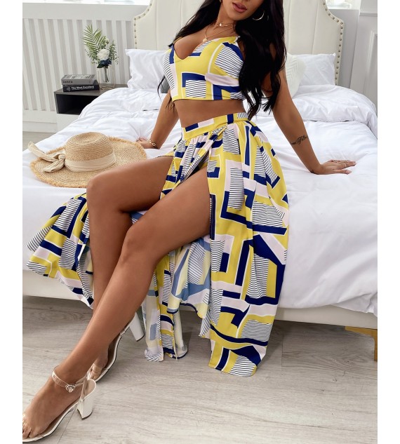2 Pcs Crop Top & Maxi Skirt Set Sexy Color Women Sleeveless Vest & Geo Pattern High Slit Dress Suits