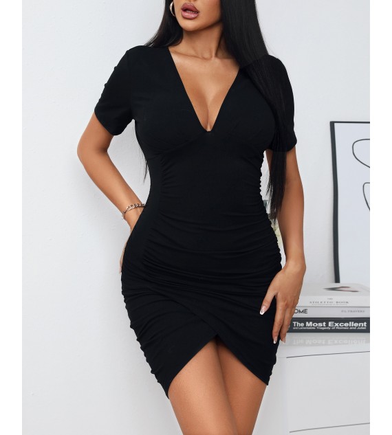 Solid Color V-Neck Ruched Bodycon Dress