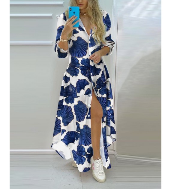 Graphic Print Long Sleeve Button Front Shirt Dress