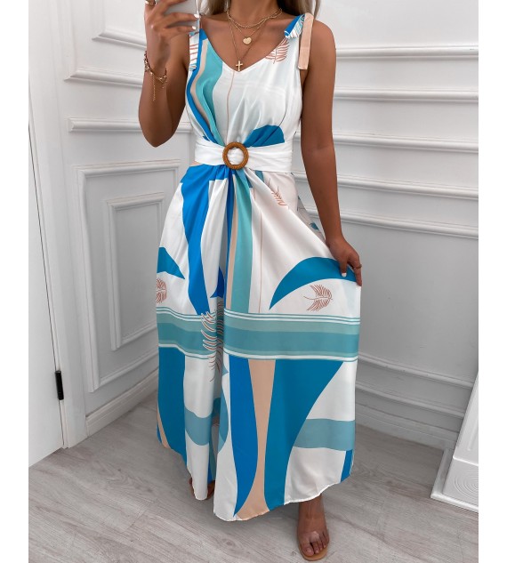 Tropical Print V Neck Tie Up Maxi Dress With Belt