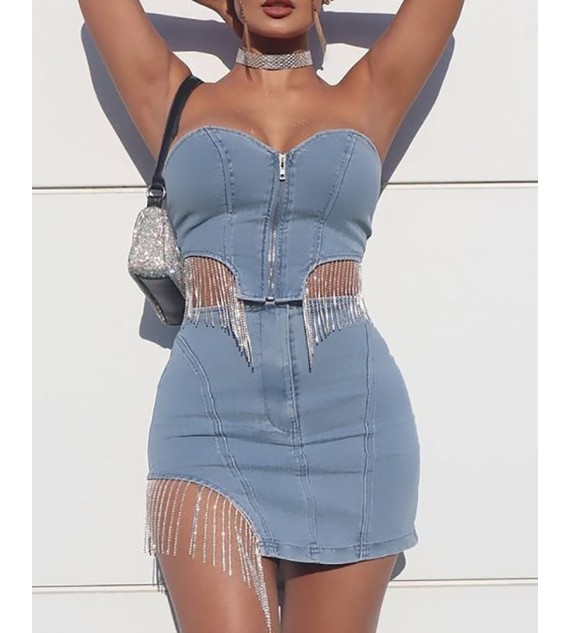 Studded Tassel Bandeau Denim Top & Skirt Set