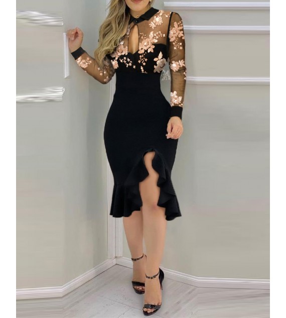 Slit Ruffles Hem Embroidery Lace Floral Pattern Long Sleeve Slimming Dress Sexy Elegant Casual Party dress