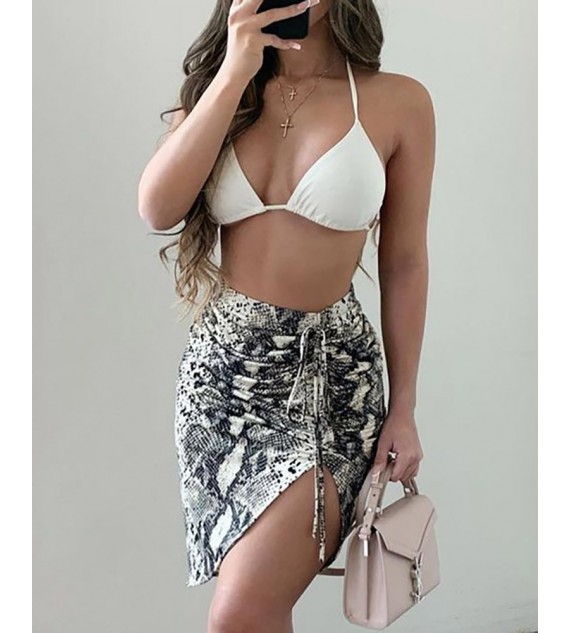 Halter Plain Top & Snake Print Drawstring Skirt Set