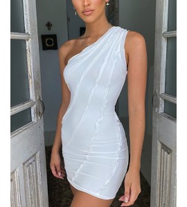 Solid Color Frill Trim One Shoulder Bodycon Mini Dress