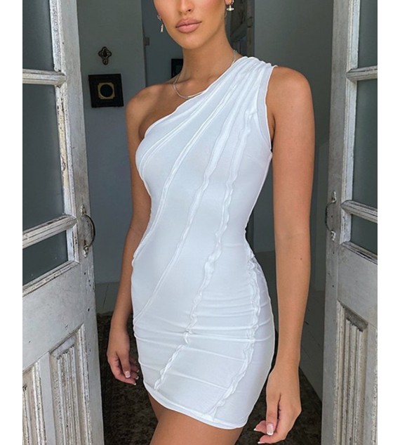 Solid Color Frill Trim One Shoulder Bodycon Mini Dress