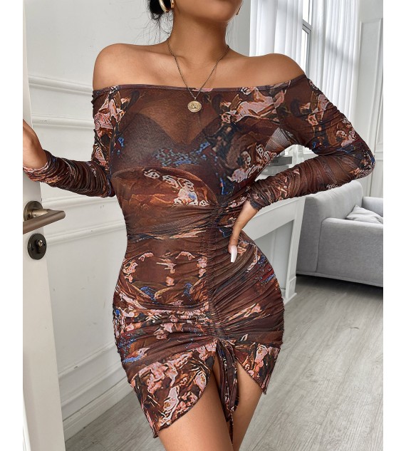 Floral Print See Through Drawstring Ruched Bodycon Dress