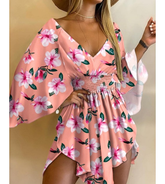 Floral Print V-Neck Batwing Sleeve Shirred Waist Mini Dress
