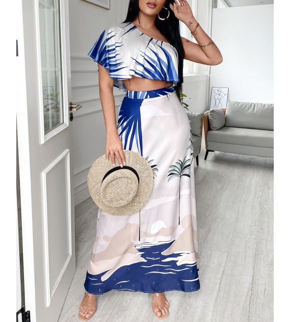 Tropical Print One Shoulder Ruffles Hem Top & Maxi Skirt Set
