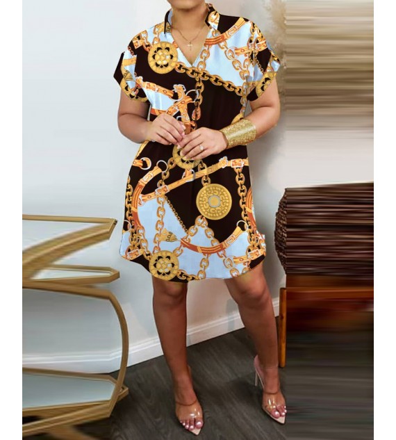 Chain Print Roll Up Sleeve Shirt Dress Casual Short Sleeve Loose Dress