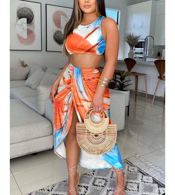 Tie Dye Print Crop Tank Top & Slit Maxi Skirt Set
