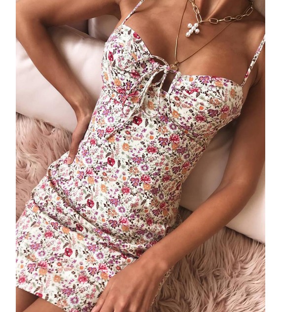 Floral Tie Front Mini Women Dress
