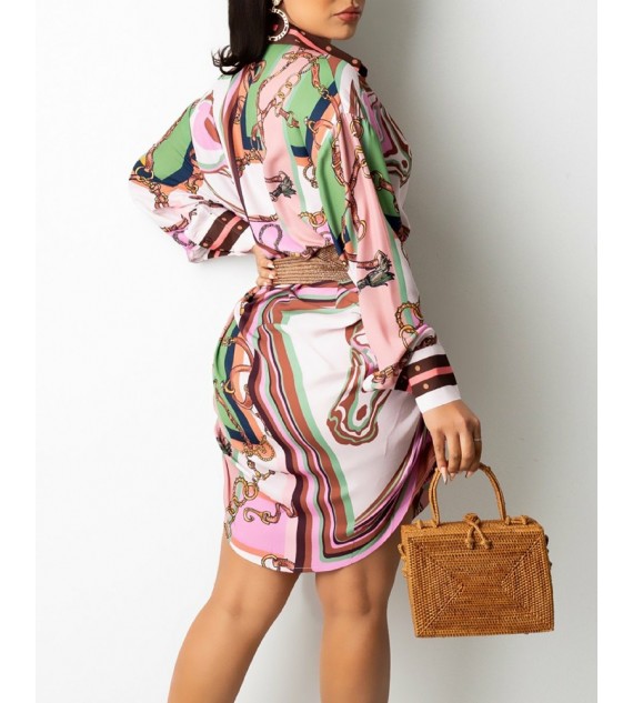 Chain Print Drop Shoulder Button Up Shirt Dress