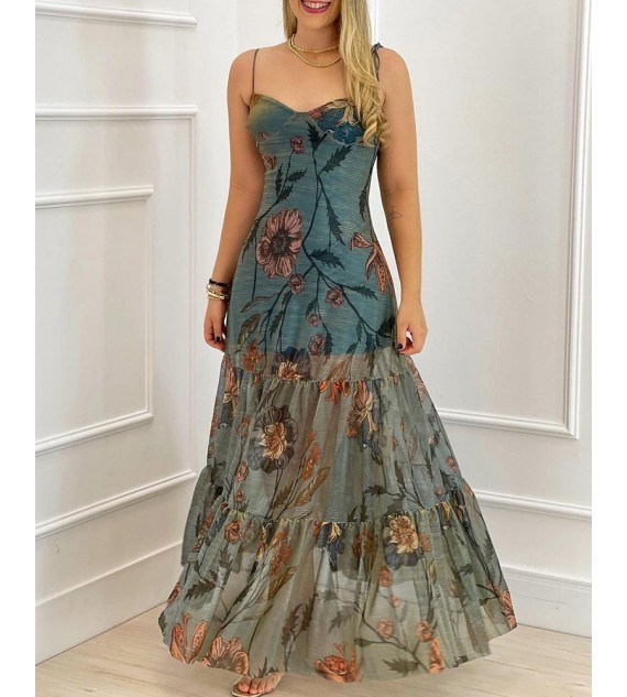 Floral Print Mesh Tied Detail Maxi Dress