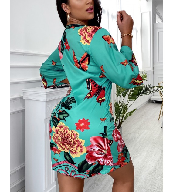 Half Sleeve Butterfly Floral Print Dress