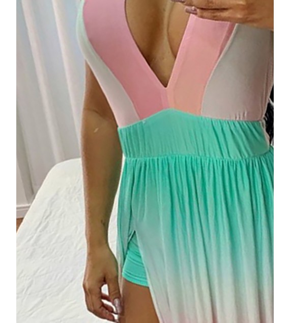 Color High Slit Ruched Plunge Maxi Dress