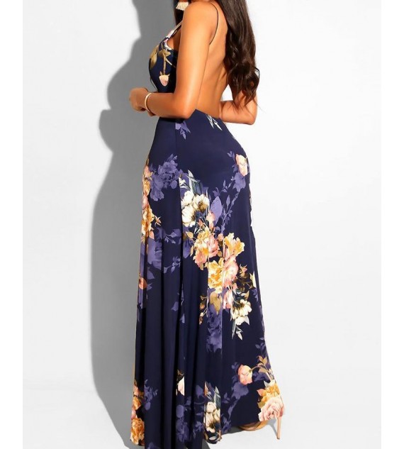 Floral Print Deep V-neck Romper Maxi Dress