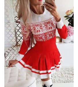 Christmas Snowflake Print Long Sleeve Pleated Dress