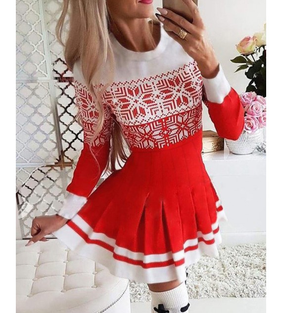 Christmas Snowflake Print Long Sleeve Pleated Dress