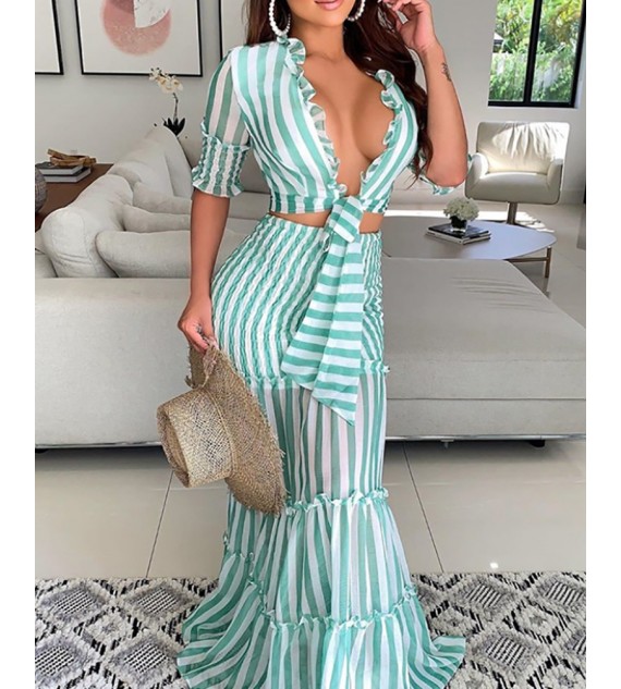 Striped Print Deep V Neck Maxi Bodycon Women Dress
