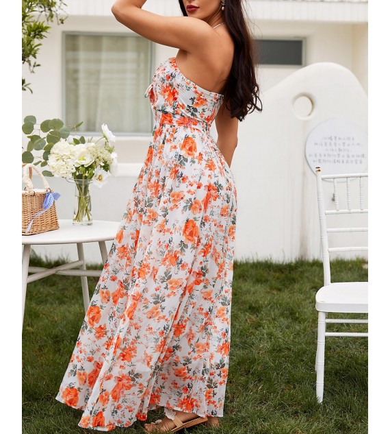 Floral Print Halter Lace Up Cutout Maxi Dress
