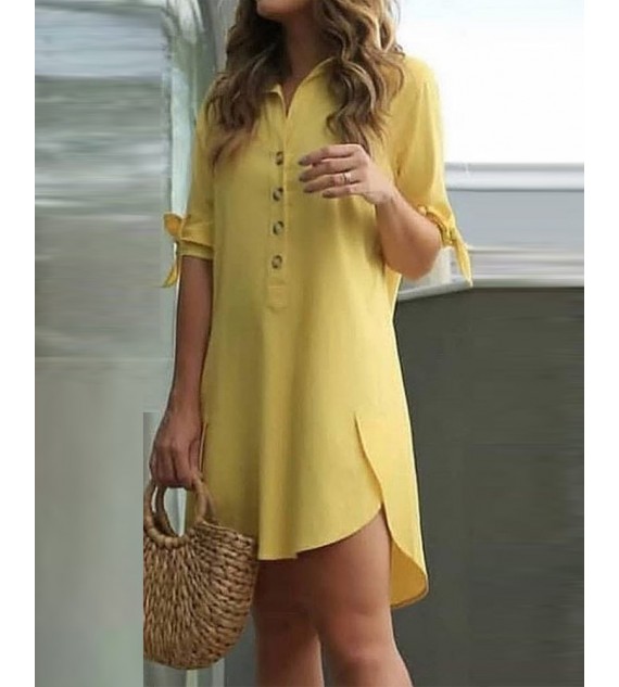 Solid Color Button Front Curved Hem Lace-up Shirt Dress