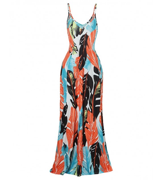 V Neck Dresses Leaf Print Casual Beach Party Swing Dress With Pockets
