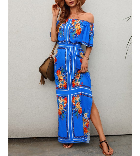 Off Shoulder High Slit Bell Sleeve Floral Print Maxi Dress