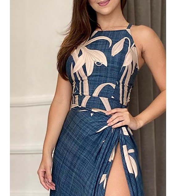 Tropical Print Top & High Slit Twisted Maxi Skirt Set