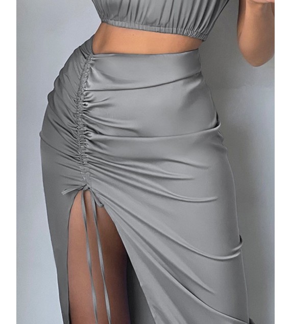 Keyhole Back Crop Tank Top & Drawstring Ruched Split Thigh Skirt Set