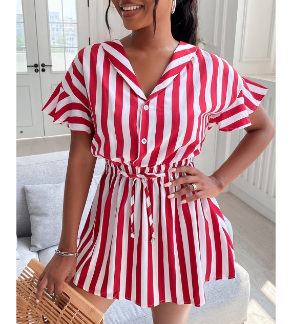 Striped Color Ruffles Shirt Dress